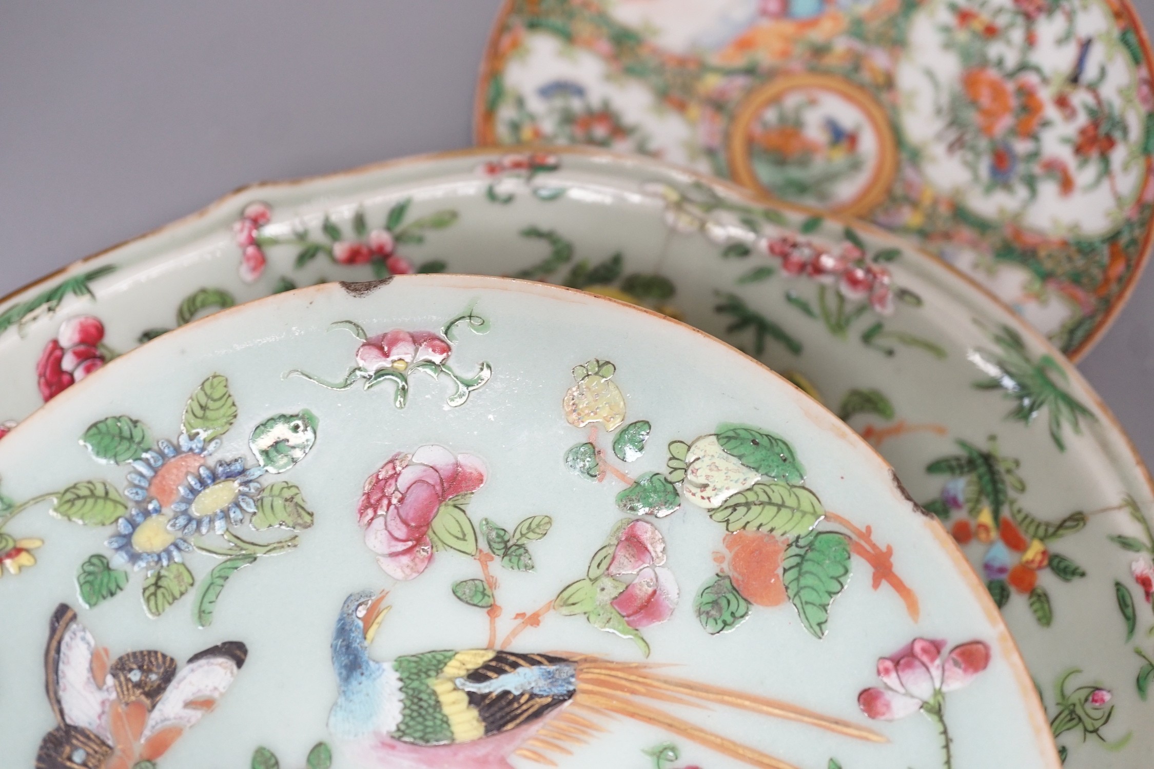 Assorted Chinese Canton decorated famille rose plates, 19th century, largest 27.5cm